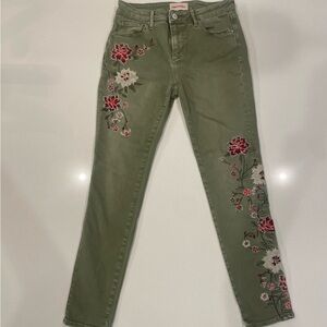 DRIFTWOOD Olive Skinny Jeans with Floral Embroidery